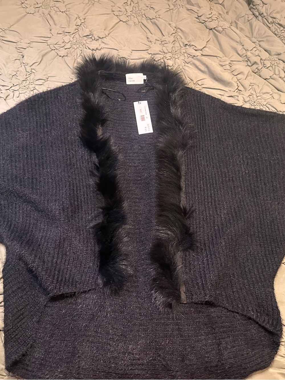 the room Black Faux-Fur Trim Open-Front Cardigan